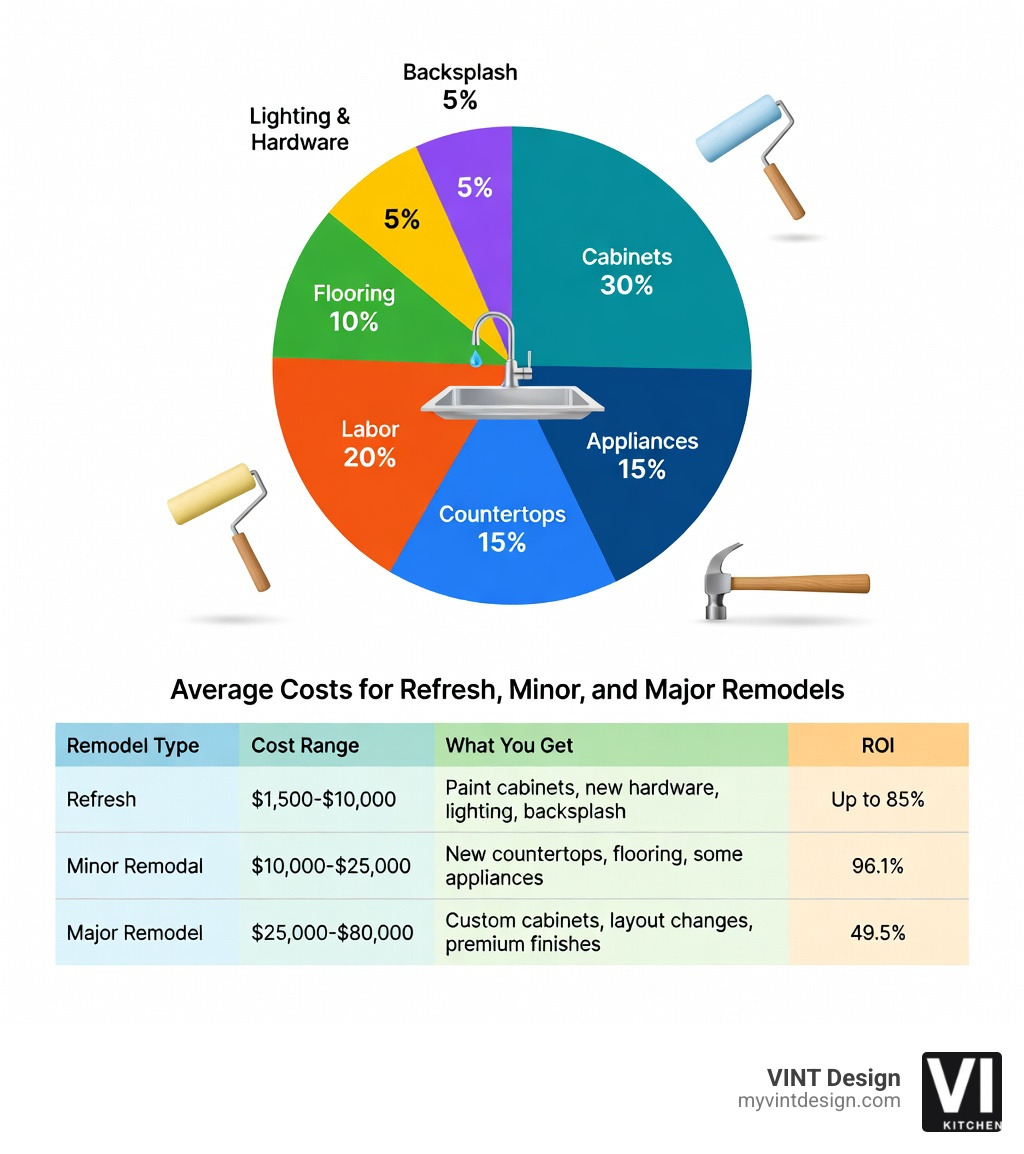 Budget Kitchen Remodel Cost Breakdown showing percentages for cabinets (30%), labor (20%), countertops (15%), appliances (15%), flooring (10%), lighting and hardware (5%), and backsplash (5%) with average costs for Refresh, Minor, and Major remodels - budget kitchen remodel infographic 