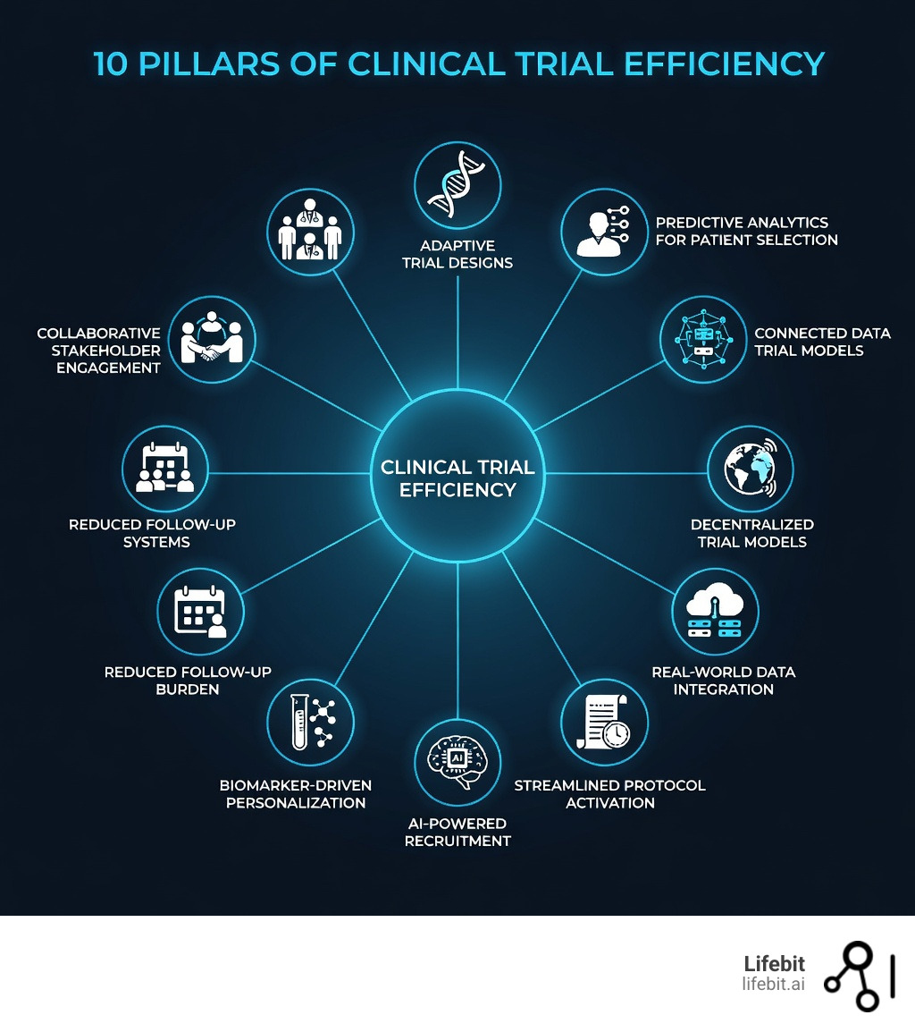 infographic showing the 10 pillars of clinical trial efficiency: adaptive trial designs, predictive analytics for patient selection, decentralized trial models, real-world data integration, connected data systems, streamlined protocol activation, AI-powered recruitment, biomarker-driven personalization, reduced follow-up burden, and collaborative stakeholder engagement - Clinical trial efficiency infographic 