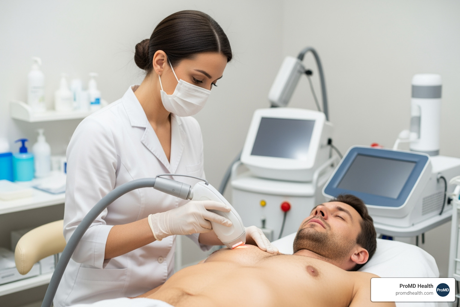 faceless provider administering a laser treatment to a male patient's chest - best laser hair removal for men provider faceless provider administering a laser treatment to a male patient's chest - best laser hair removal for men provider