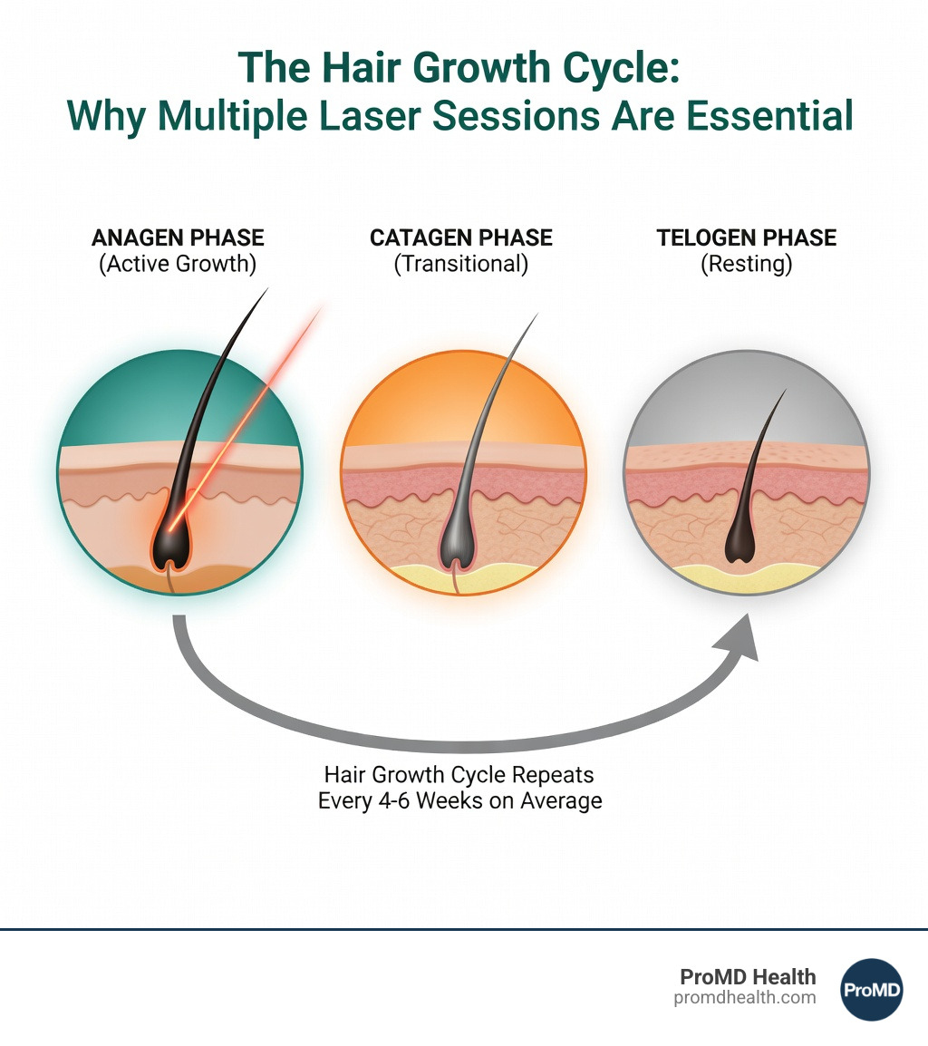 infographic showing the hair growth cycle with three phases: Anagen (active growth phase where laser is most effective), Catagen (transitional phase where follicle detaches), and Telogen (resting phase before hair sheds), illustrating why multiple sessions spaced 4-6 weeks apart are necessary for optimal results - best laser hair removal for men provider infographic infographic showing the hair growth cycle with three phases: Anagen (active growth phase where laser is most effective), Catagen (transitional phase where follicle detaches), and Telogen (resting phase before hair sheds), illustrating why multiple sessions spaced 4-6 weeks apart are necessary for optimal results - best laser hair removal for men provider infographic