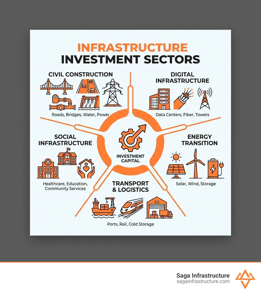 infographic showing infrastructure investment sectors including civil construction (roads, bridges, water, power), digital infrastructure (data centers, fiber, towers), energy transition (solar, wind, storage), transport and logistics (ports, rail, cold storage), and social infrastructure (healthcare, education, community services) with representative icons for each category - infrastructure investment firms infographic 