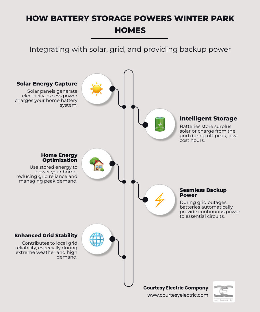 Infographic showing how battery storage systems integrate with home solar panels, the local utility grid, and backup circuits during outages, including charging during off-peak hours and discharging during peak demand or power failures - battery storage in winter park co infographic infographic-line-5-steps-elegant_beige