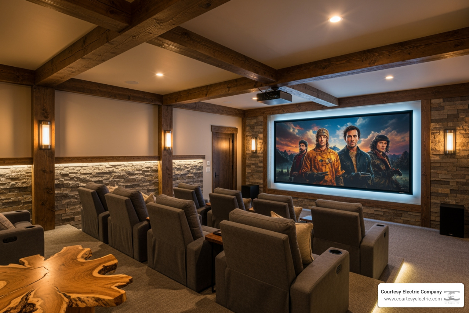luxury home theater room with comfortable seating in a mountain home - home theaters in granby co