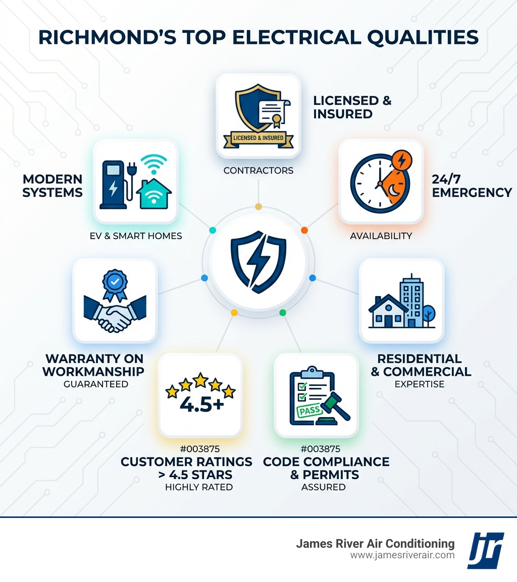 infographic showing top qualities of Richmond's best electrical companies: licensed and insured contractors, 24/7 emergency availability, residential and commercial expertise, code compliance and permits, customer ratings above 4.5 stars, warranty on workmanship, experience with modern systems like EV chargers and smart homes - best electrical company in richmond, va infographic