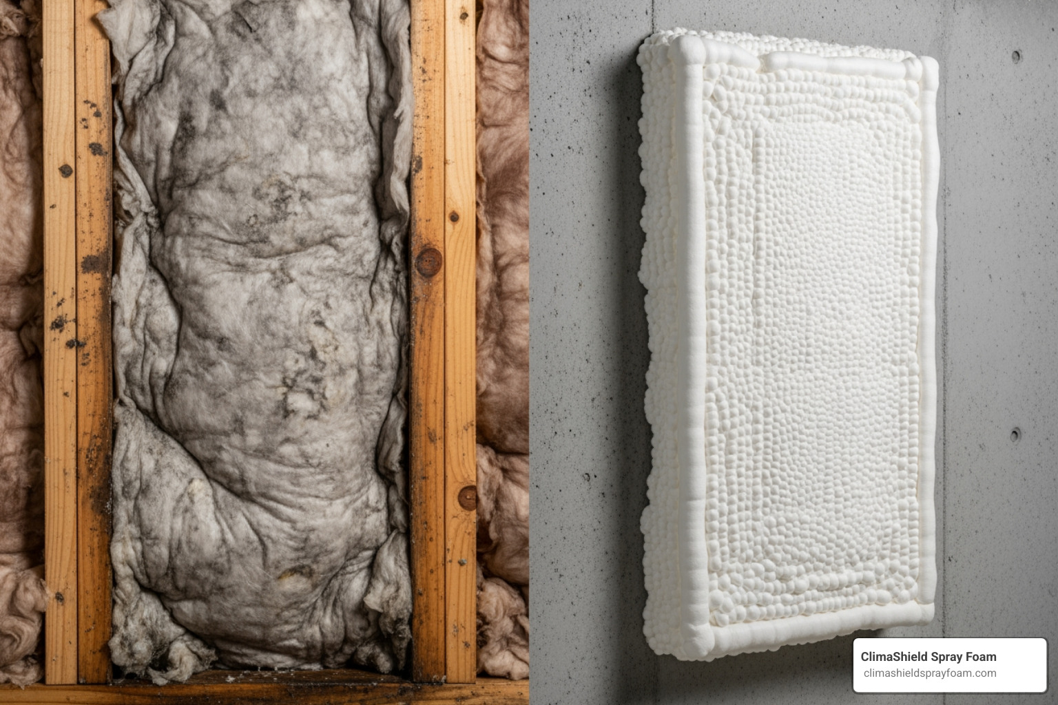 Moldy fiberglass insulation vs clean spray foam - waterproof insulation