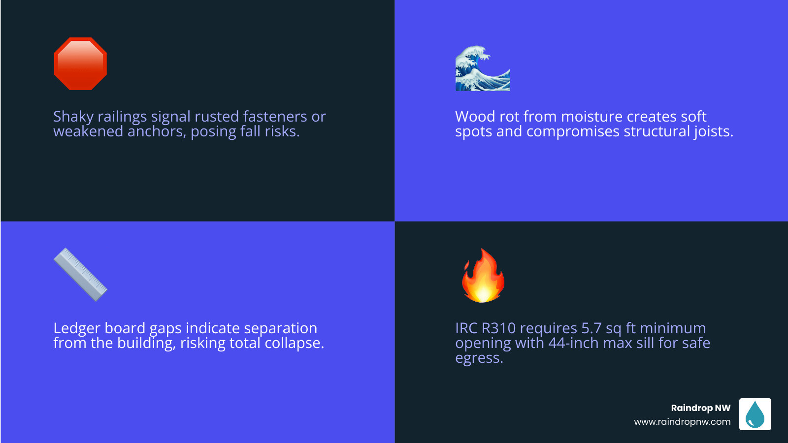 Infographic showing emergency balcony warning signs including wood rot, rusted fasteners, ledger board gaps, soft spots, and fire code requirements with IRC R310 specifications for emergency escape openings including 5.7 square foot minimum opening and 44-inch maximum sill height - emergency balconies in aloha, or infographic 4_facts_emoji_blue