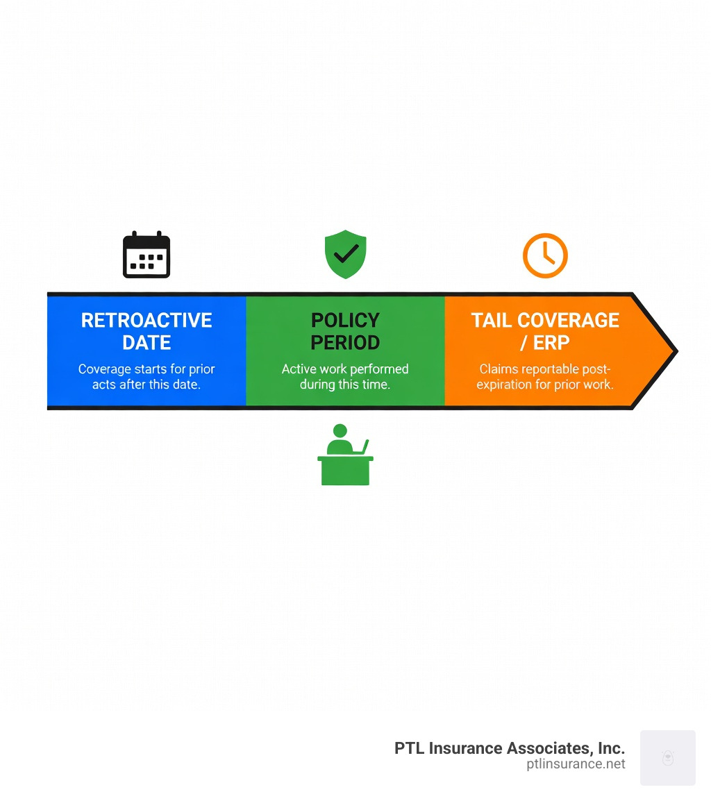 Infographic explaining policy timelines: showing the Retroactive Date as the start, the Policy Period in the middle where work is performed, and the Tail Coverage/ERP period at the end where claims can still be reported after the policy expires - business professional liability insurance infographic Infographic explaining policy timelines: showing the Retroactive Date as the start, the Policy Period in the middle where work is performed, and the Tail Coverage/ERP period at the end where claims can still be reported after the policy expires - business professional liability insurance infographic