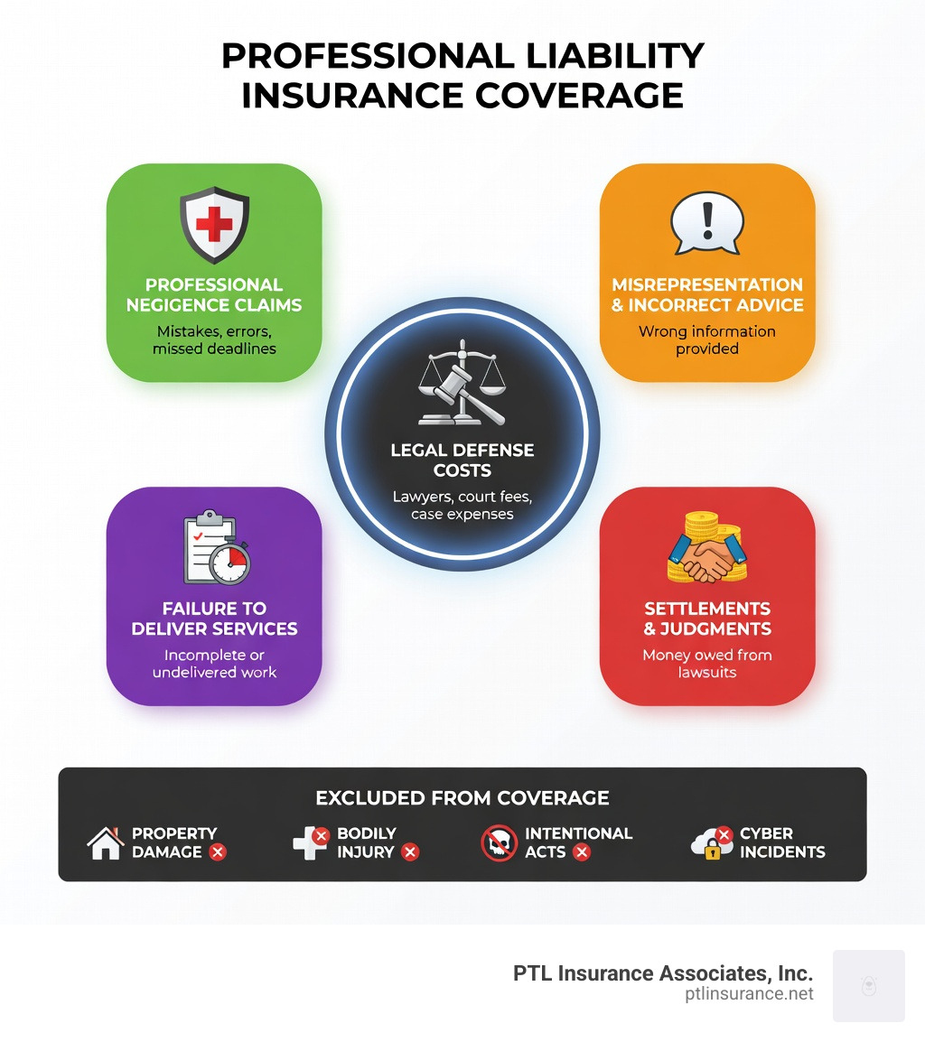 Professional liability insurance infographic showing coverage components: legal defense costs in the center, surrounded by four key protection areas - professional negligence claims, misrepresentation and incorrect advice, failure to deliver services, and settlements and damages, with exclusions listed at bottom including property damage, bodily injury, intentional acts, and cyber incidents - business professional liability insurance infographic Professional liability insurance infographic showing coverage components: legal defense costs in the center, surrounded by four key protection areas - professional negligence claims, misrepresentation and incorrect advice, failure to deliver services, and settlements and damages, with exclusions listed at bottom including property damage, bodily injury, intentional acts, and cyber incidents - business professional liability insurance infographic