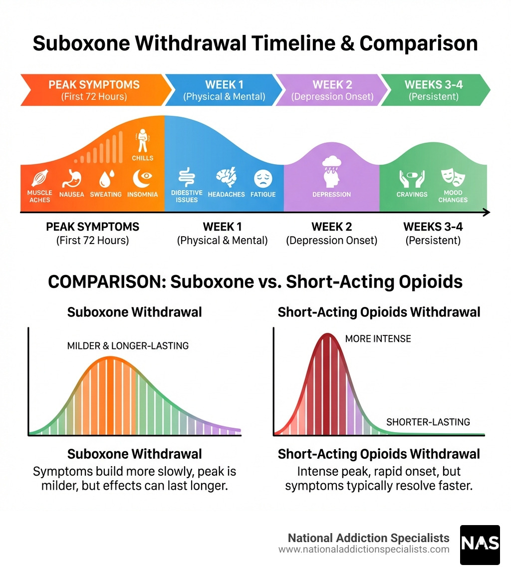 Infographic showing Suboxone withdrawal timeline with physical symptoms peaking in first 72 hours (muscle aches, nausea, sweating, chills, insomnia), continuing through week one (digestive issues, headaches, fatigue), week two showing depression onset, and weeks 3-4 with persistent cravings and mood changes. Includes comparison chart showing Suboxone withdrawal is milder but longer-lasting than short-acting opioids - what are the withdrawal symptoms of suboxone infographic 