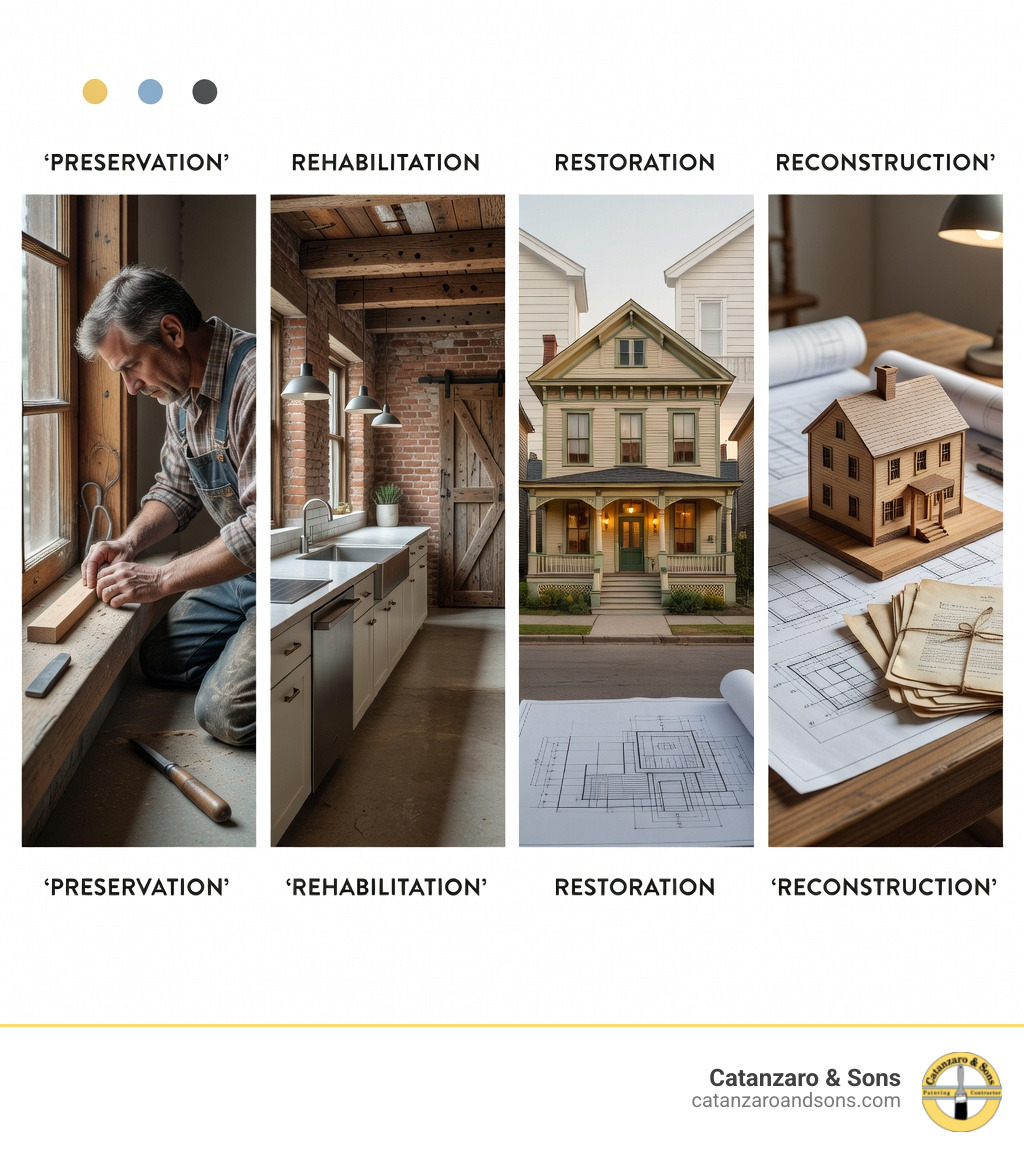 Infographic showing the four treatment approaches for old houses: Preservation maintains existing historic materials through repair and maintenance; Rehabilitation allows compatible modern use while retaining character-defining features; Restoration returns the building to its appearance during a specific historical period by removing later additions; and Reconstruction recreates vanished buildings using documentary evidence when no other options exist - restoring old houses infographic 