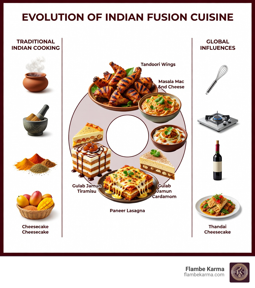 Infographic showing the evolution of Indian fusion cuisine: Traditional Indian Cooking (foundation of aromatic spices, slow cooking techniques, regional ingredients) + Global Influences (Western presentation styles, international ingredients, modern cooking methods) = Indian Fusion Dishes (tandoori wings, masala mac and cheese, gulab jamun tiramisu, paneer lasagna, thandai cheesecake) - indian fusion dishes infographic 