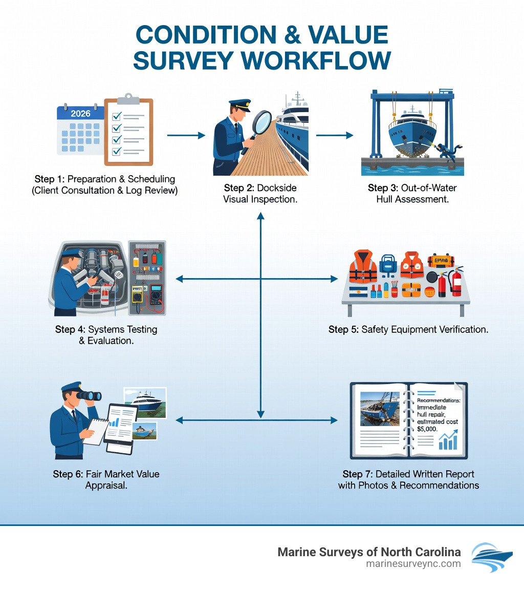 infographic showing the condition and value survey workflow: preparation and scheduling, dockside visual inspection, out-of-water hull assessment, systems testing and evaluation, safety equipment verification, fair market value appraisal, detailed written report with photos and recommendations - condition and value survey infographic infographic showing the condition and value survey workflow: preparation and scheduling, dockside visual inspection, out-of-water hull assessment, systems testing and evaluation, safety equipment verification, fair market value appraisal, detailed written report with photos and recommendations - condition and value survey infographic