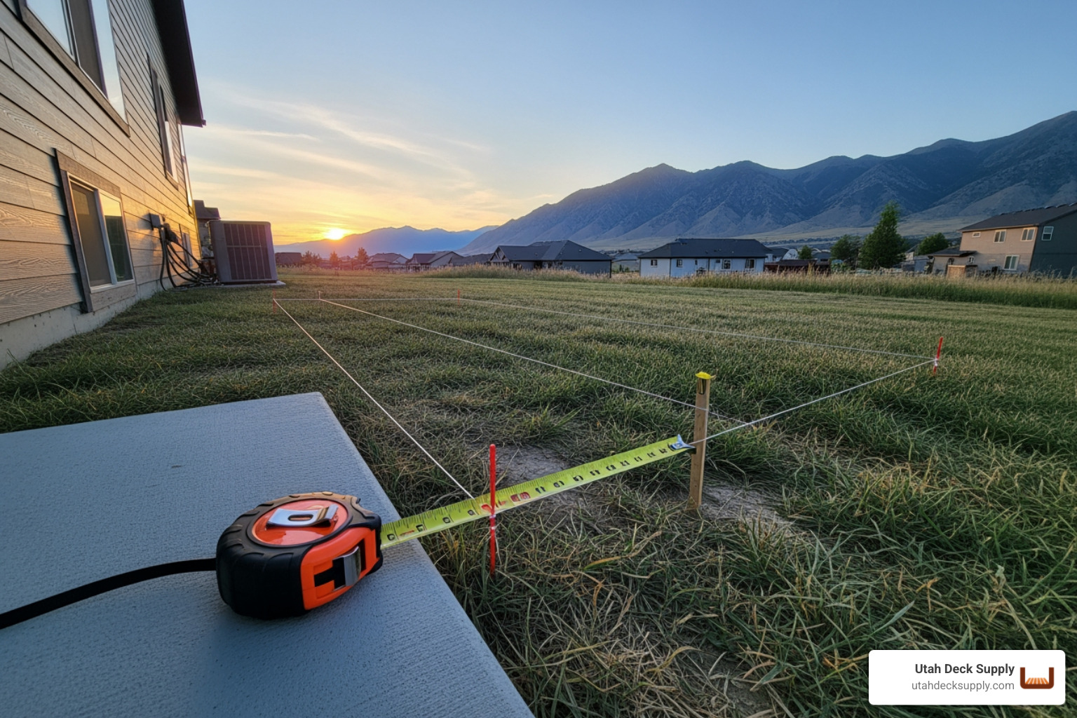 A realistic photo of a backyard site assessment in Northern Utah during a clear sunset, showing a homeowner using a tape measure near the house foundation with stakes and string lines marking a potential deck perimeter - deck planning guide