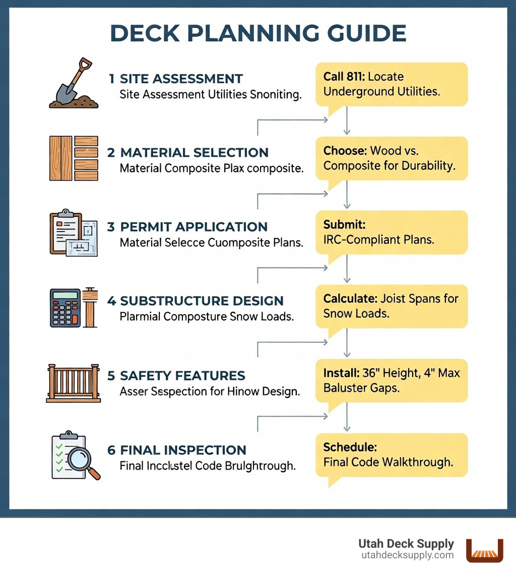 Infographic showing the complete deck planning process from initial site assessment through material selection, permit application, substructure design, safety features, and final inspection, with callouts for key milestones like calling 811, choosing between wood and composite materials, calculating joist spans for snow loads, installing code-compliant railings at 36-inch minimum height with 4-inch maximum baluster gaps, and scheduling inspections - deck planning guide infographic 