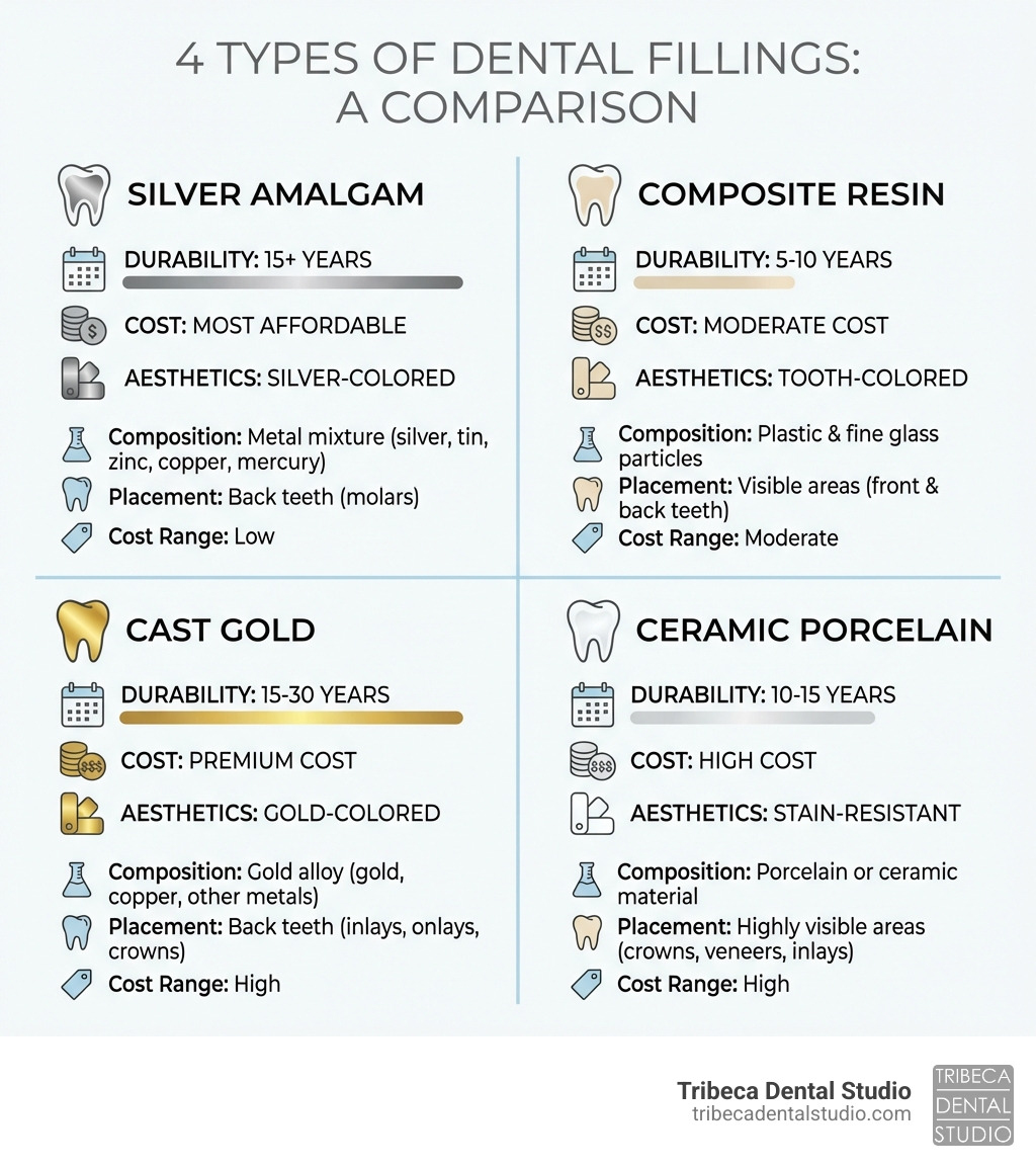 Infographic comparing the 4 types of dental fillings: silver amalgam (15+ years durability, most affordable, silver-colored), composite resin (5-10 years, tooth-colored, moderate cost), cast gold (15-30 years, premium cost, gold-colored), and ceramic porcelain (10-15 years, stain-resistant, high cost). Each section includes material composition, typical placement location, and average cost range. - 4 types of fillings infographic Infographic comparing the 4 types of dental fillings: silver amalgam (15+ years durability, most affordable, silver-colored), composite resin (5-10 years, tooth-colored, moderate cost), cast gold (15-30 years, premium cost, gold-colored), and ceramic porcelain (10-15 years, stain-resistant, high cost). Each section includes material composition, typical placement location, and average cost range. - 4 types of fillings infographic