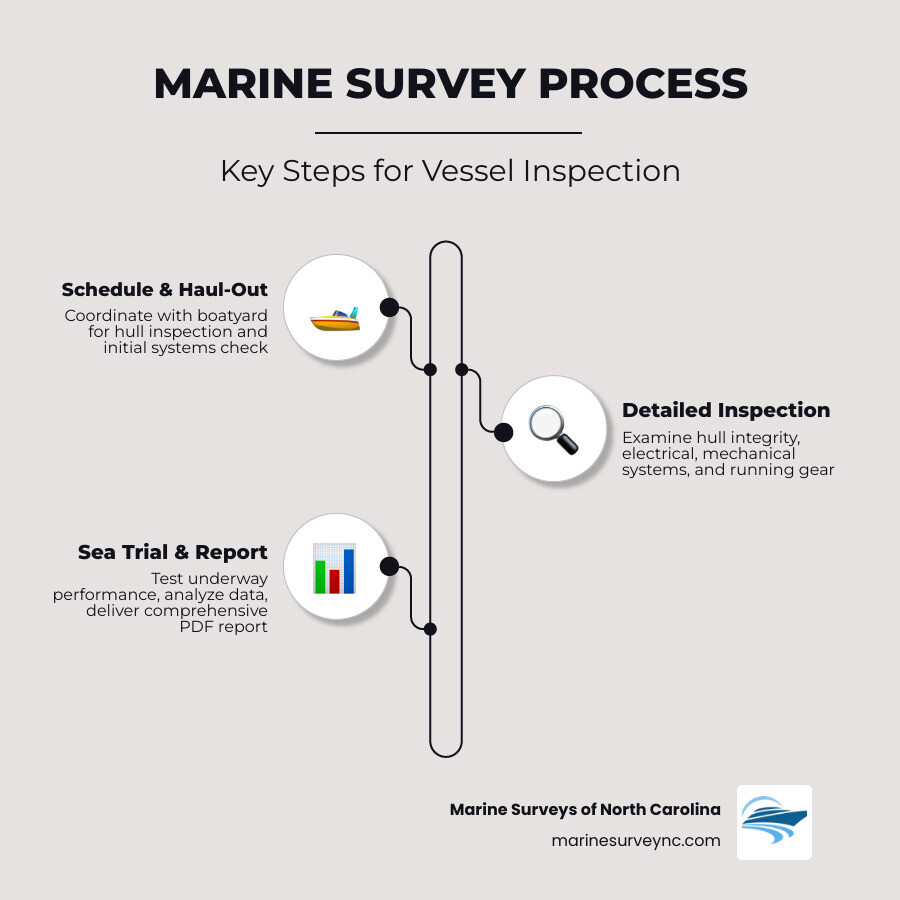 Infographic showing the marine survey process: 1. Initial inquiry and vessel details, 2. Custom quote and scheduling, 3. Haul-out coordination with boatyard, 4. Visual inspection of hull and systems, 5. Sea trial and underway testing, 6. Detailed PDF report with photos and recommendations delivered within 48 hours - marine surveys wilmington infographic infographic-line-3-steps-elegant_beige Infographic showing the marine survey process: 1. Initial inquiry and vessel details, 2. Custom quote and scheduling, 3. Haul-out coordination with boatyard, 4. Visual inspection of hull and systems, 5. Sea trial and underway testing, 6. Detailed PDF report with photos and recommendations delivered within 48 hours - marine surveys wilmington infographic infographic-line-3-steps-elegant_beige