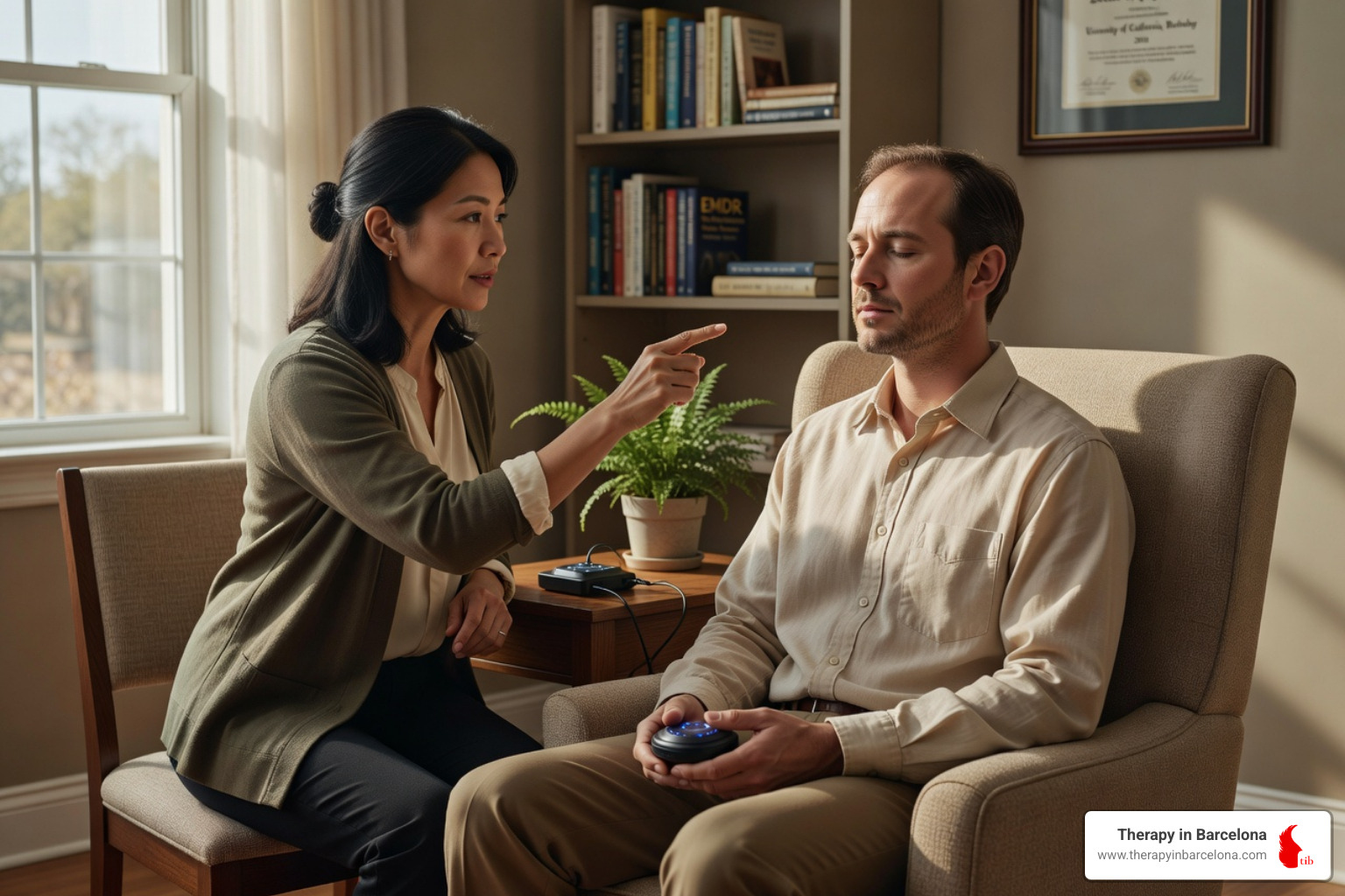 a therapist explaining EMDR to a client in a warm, professional setting - EMDR therapy in English