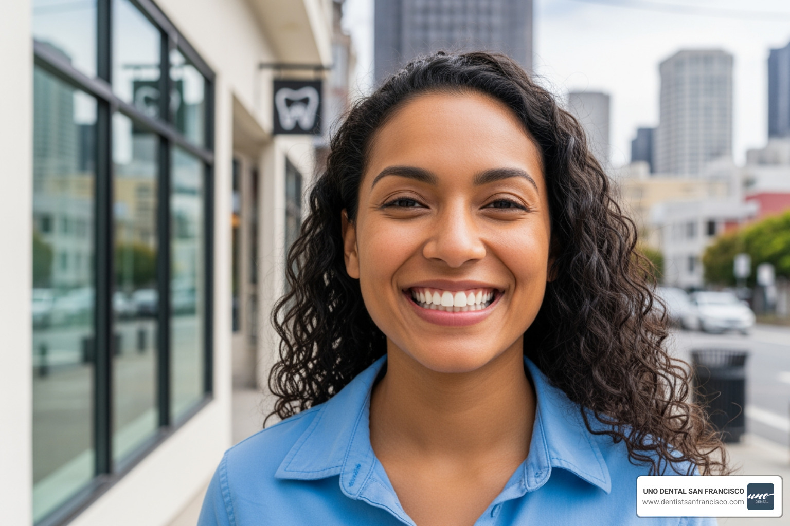 A happy patient in San Francisco showing off a clean, healthy smile after their appointment - Professional dental cleaning A happy patient in San Francisco showing off a clean, healthy smile after their appointment - Professional dental cleaning
