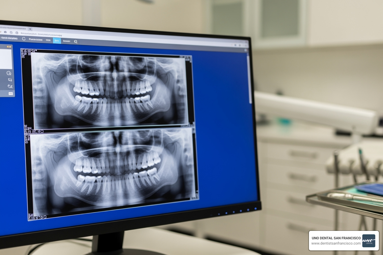 Digital dental x-rays displayed on a high-resolution computer monitor for patient education - schedule dentist appointment online Digital dental x-rays displayed on a high-resolution computer monitor for patient education - schedule dentist appointment online