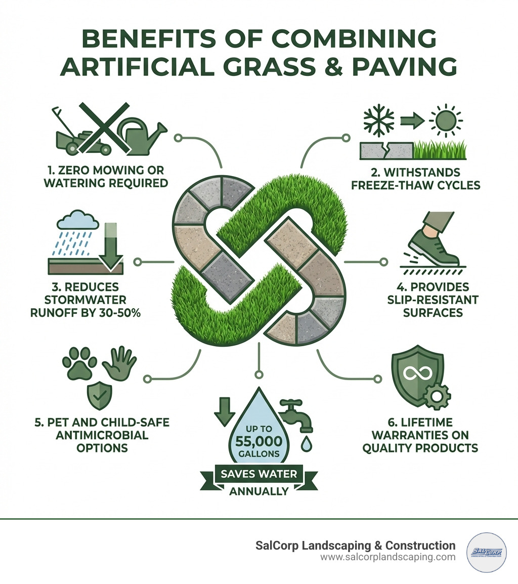 Infographic showing benefits of combining artificial grass with paving: 1. Zero mowing or watering required 2. Withstands freeze-thaw cycles 3. Reduces stormwater runoff by 30-50% 4. Provides slip-resistant surfaces 5. Pet and child-safe antimicrobial options 6. Lifetime warranties on quality products 7. Saves up to 55,000 gallons of water annually - artificial grass and paving ideas infographic 