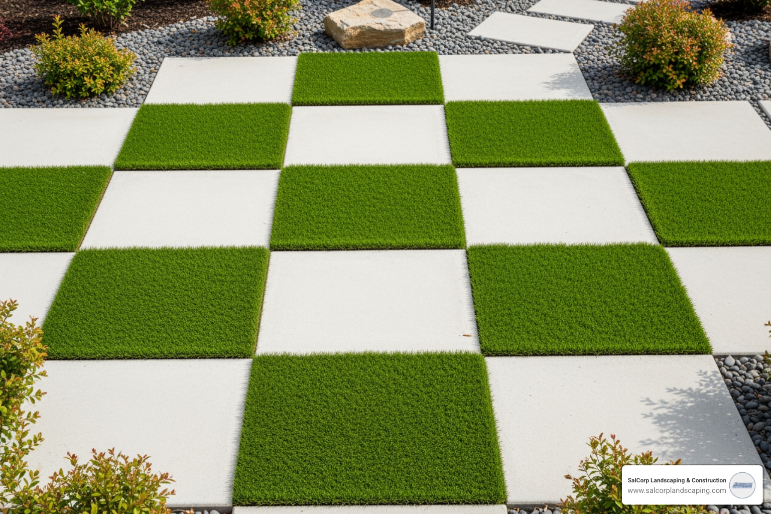 checkerboard patio design - artificial grass and paving ideas