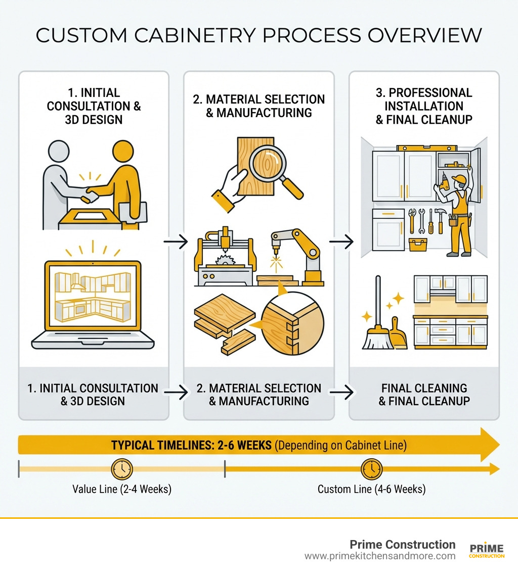 Infographic showing the custom cabinetry process from initial consultation and 3D design, through material selection and manufacturing with precision joinery, to professional installation and final cleanup, with typical timelines of 2-6 weeks depending on cabinet line chosen - custom cabinet store infographic 