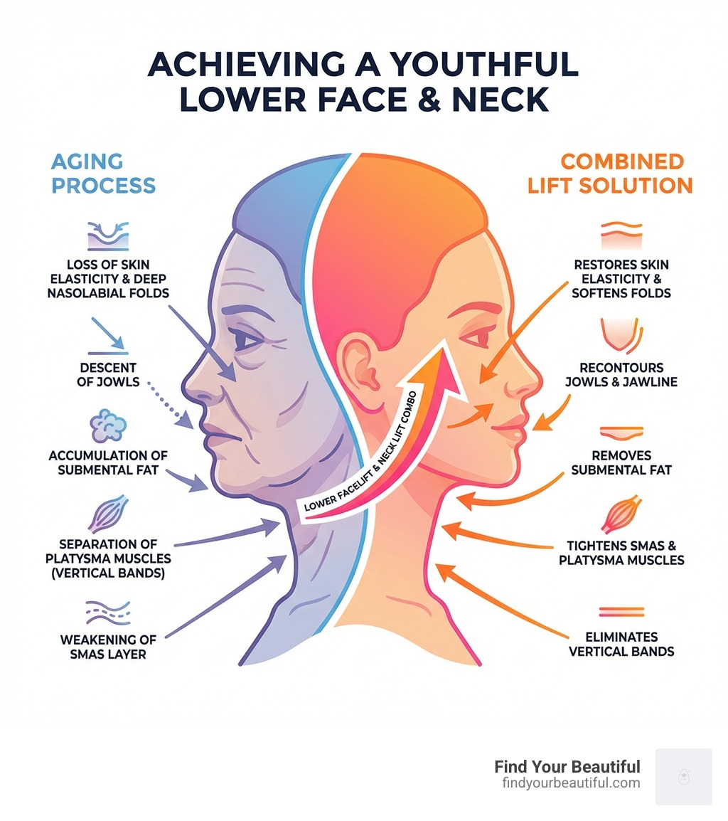Infographic showing the aging process of the lower face and neck, including loss of skin elasticity, weakening of the SMAS layer, separation of platysma muscles creating vertical bands, accumulation of submental fat, descent of jowls along the jawline, and deepening of nasolabial folds, with arrows indicating how a combined lower facelift and neck lift addresses each concern simultaneously - lower facelift and neck lift combo infographic Infographic showing the aging process of the lower face and neck, including loss of skin elasticity, weakening of the SMAS layer, separation of platysma muscles creating vertical bands, accumulation of submental fat, descent of jowls along the jawline, and deepening of nasolabial folds, with arrows indicating how a combined lower facelift and neck lift addresses each concern simultaneously - lower facelift and neck lift combo infographic
