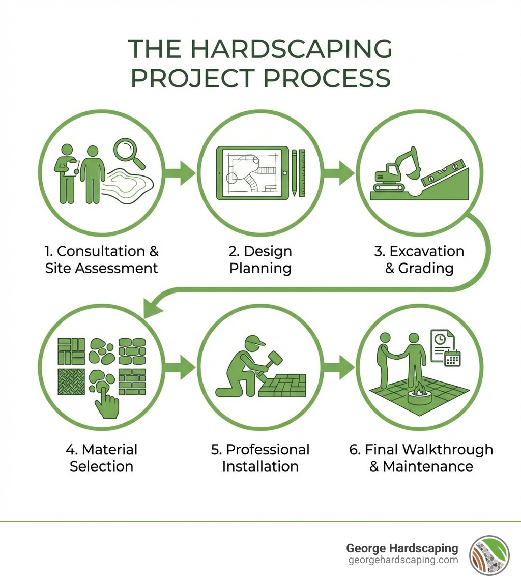 Infographic showing the hardscaping project process from initial consultation and site assessment through design planning, excavation and grading, material selection, professional installation, and final walkthrough with maintenance schedule - Hardscaping Andover MA infographic 