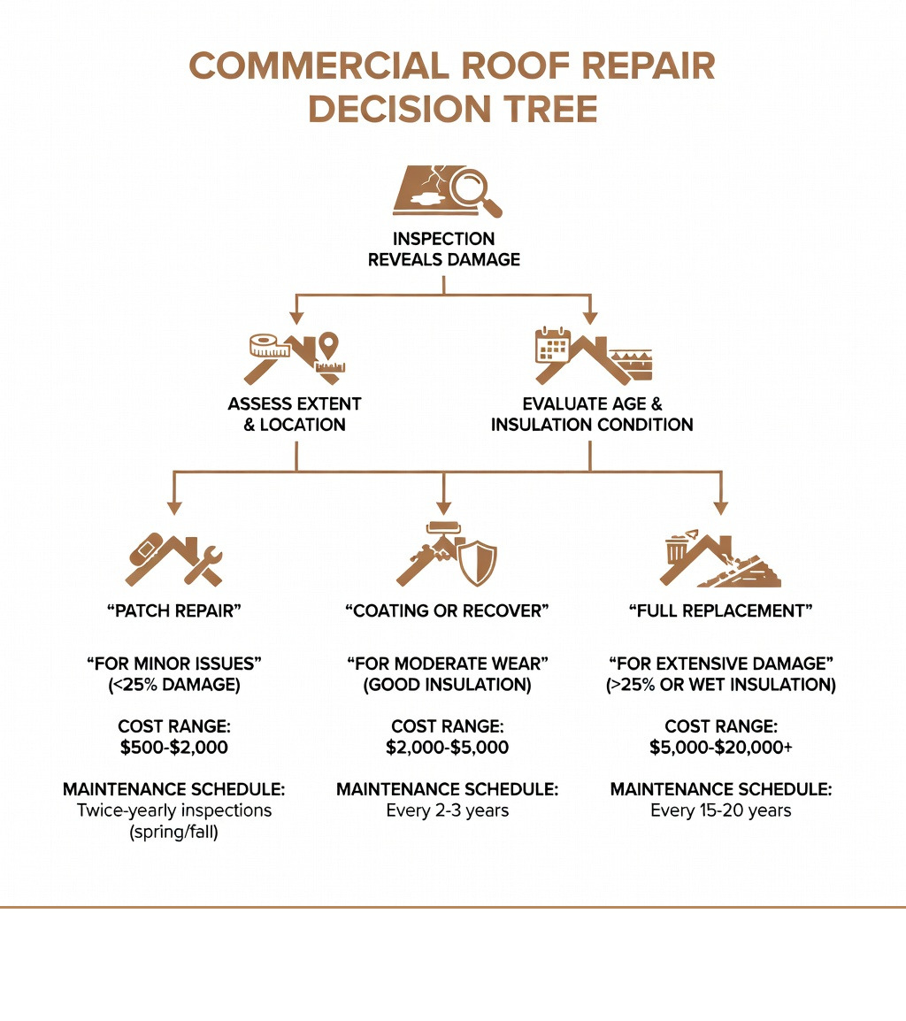 Infographic showing commercial roof repair decision tree: inspection reveals damage, assess extent and location, evaluate age and insulation condition, decide between patch repair for minor issues under 25% damage, coating or recover for moderate wear with good insulation, or full replacement for extensive damage over 25% or wet insulation, with maintenance schedules and cost ranges for each option - commercial roof repair infographic Infographic showing commercial roof repair decision tree: inspection reveals damage, assess extent and location, evaluate age and insulation condition, decide between patch repair for minor issues under 25% damage, coating or recover for moderate wear with good insulation, or full replacement for extensive damage over 25% or wet insulation, with maintenance schedules and cost ranges for each option - commercial roof repair infographic