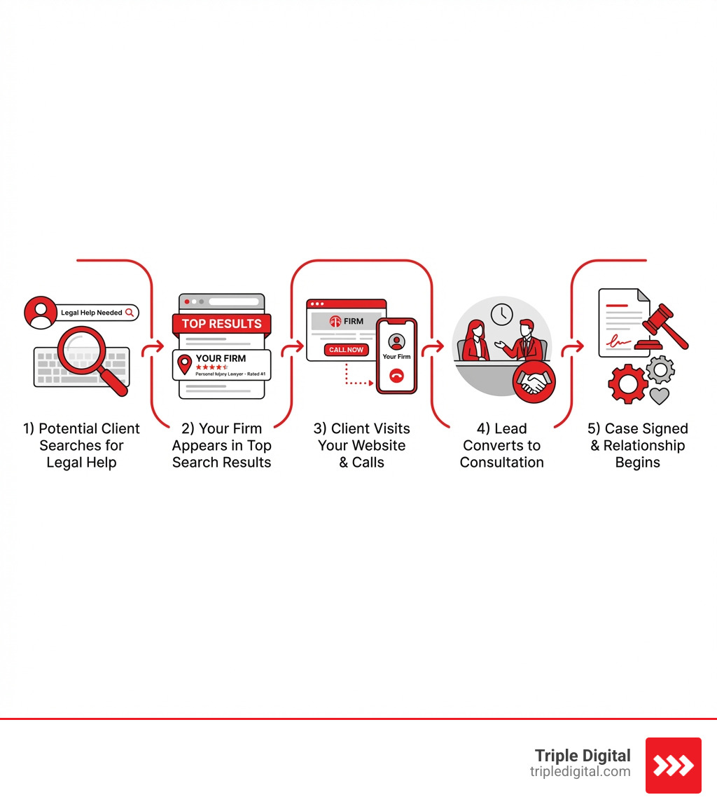 Infographic showing the law firm SEO journey: 1) Potential client searches for legal help, 2) Your firm appears in top search results, 3) Client visits your website and calls, 4) Lead converts to consultation, 5) Case signed and relationship begins - attorney seo companies infographic 