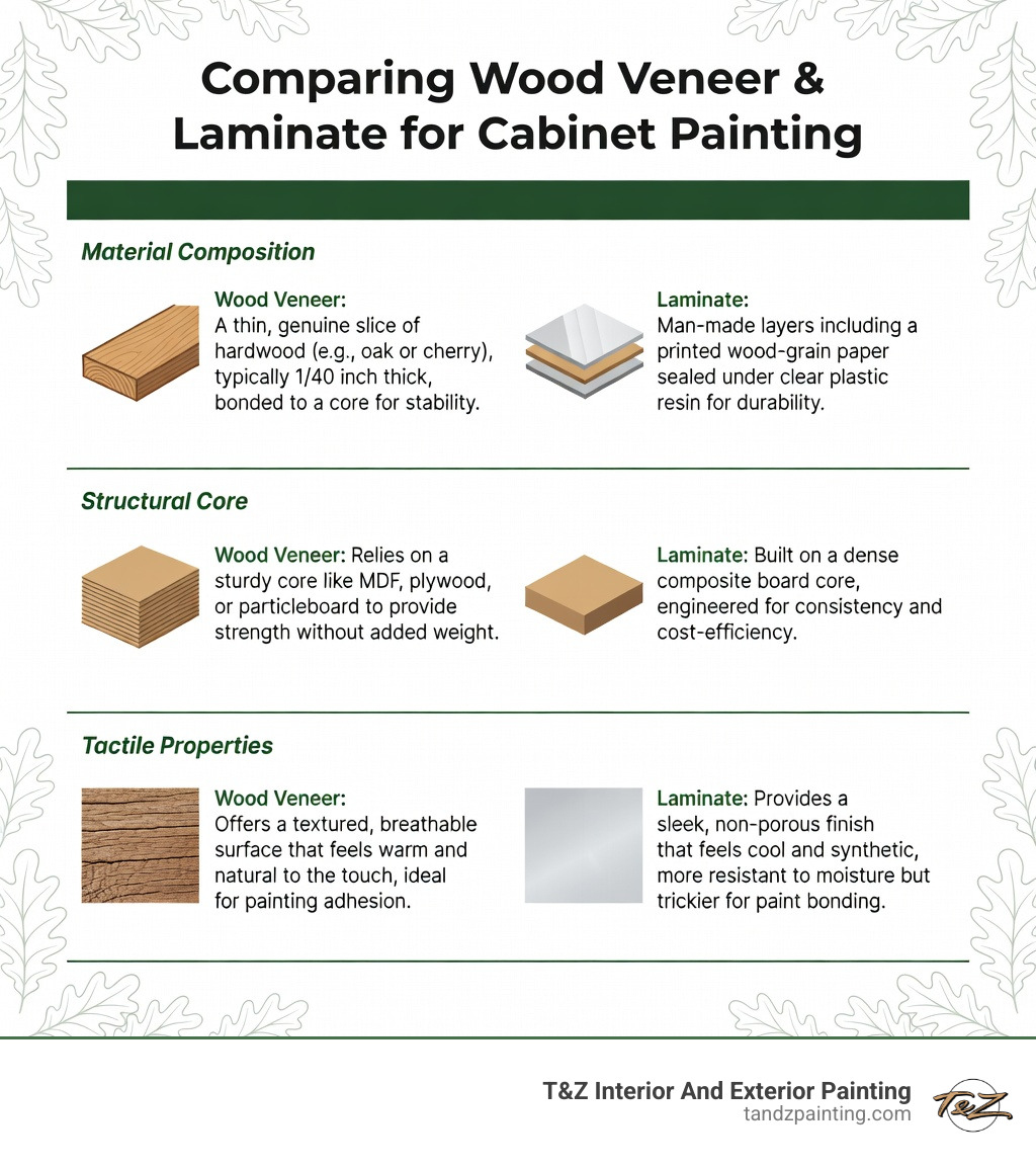 Table comparing wood veneer and laminate characteristics - paint wood veneer infographic 