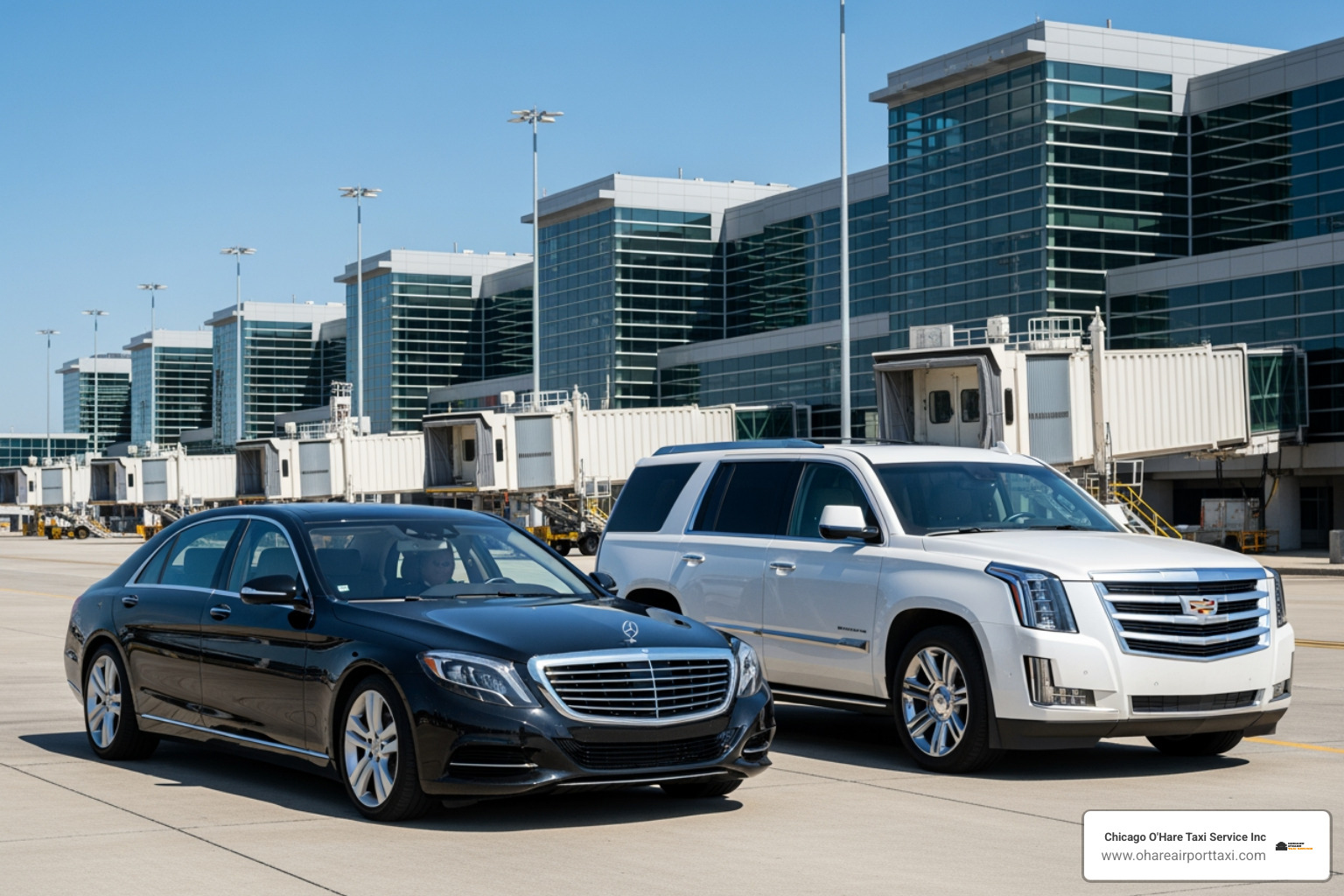 Mercedes S-Class and Cadillac Escalade parked in front of a modern terminal - luxury private transport Mercedes S-Class and Cadillac Escalade parked in front of a modern terminal - luxury private transport