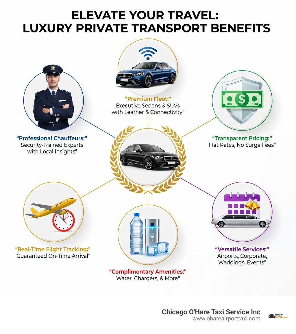 Infographic showing luxury private transport benefits: Professional chauffeurs with security training and local knowledge, Premium fleet with Mercedes S-Class and Cadillac Escalade SUVs featuring Wi-Fi and leather seating, Transparent flat-rate pricing with no surge charges, Real-time flight tracking and guaranteed punctuality, Complimentary amenities including bottled water and charging ports, Services for airport transfers, corporate travel, weddings, and special events - luxury private transport infographic Infographic showing luxury private transport benefits: Professional chauffeurs with security training and local knowledge, Premium fleet with Mercedes S-Class and Cadillac Escalade SUVs featuring Wi-Fi and leather seating, Transparent flat-rate pricing with no surge charges, Real-time flight tracking and guaranteed punctuality, Complimentary amenities including bottled water and charging ports, Services for airport transfers, corporate travel, weddings, and special events - luxury private transport infographic