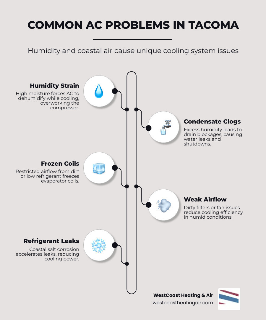 Infographic showing common AC problems in Tacoma including humidity strain, condensate clogs, frozen coils, weak airflow, refrigerant leaks, and when to call for professional repair versus replacement - ac repair in tacoma wa infographic infographic-line-5-steps-elegant_beige