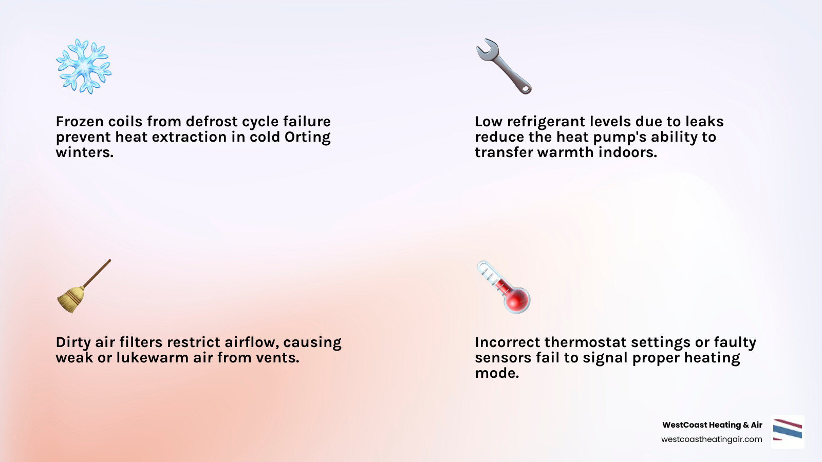 infographic showing how heat pumps extract heat from outdoor air even in cold weather, common reasons for insufficient heating including low refrigerant, dirty filters, frozen coils, and thermostat issues, plus diagnostic steps a technician performs during a service visit - "My heat pump heat is not warm enough. Who can I hire for a diagnosis in Orting, WA?" infographic 4_facts_emoji_light-gradient infographic showing how heat pumps extract heat from outdoor air even in cold weather, common reasons for insufficient heating including low refrigerant, dirty filters, frozen coils, and thermostat issues, plus diagnostic steps a technician performs during a service visit - "My heat pump heat is not warm enough. Who can I hire for a diagnosis in Orting, WA?" infographic 4_facts_emoji_light-gradient