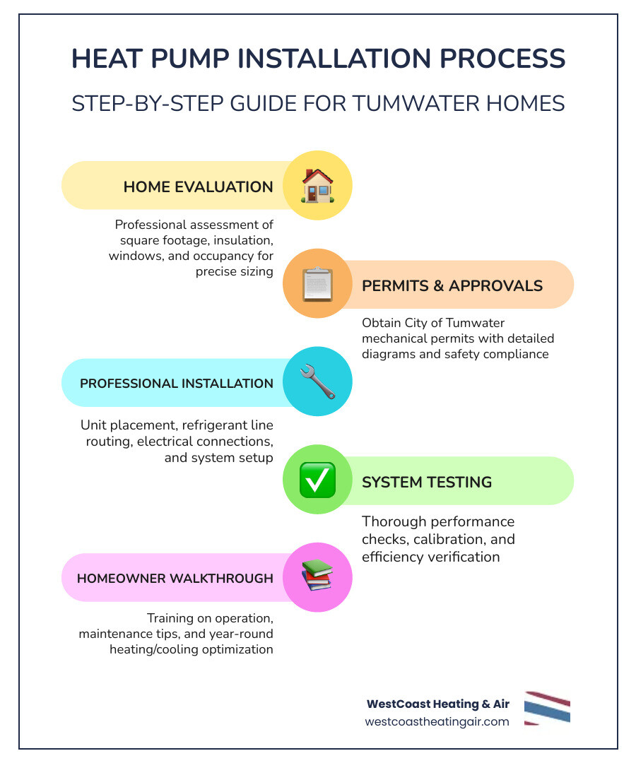 Infographic showing heat pump installation process in Tumwater: step 1 home evaluation and sizing calculations, step 2 obtaining city permits and mechanical approvals, step 3 professional installation with refrigerant line routing and electrical connections, step 4 system testing and homeowner walkthrough, resulting in year-round heating and cooling efficiency - heat pump installation in tumwater wa infographic infographic-line-5-steps-colors Infographic showing heat pump installation process in Tumwater: step 1 home evaluation and sizing calculations, step 2 obtaining city permits and mechanical approvals, step 3 professional installation with refrigerant line routing and electrical connections, step 4 system testing and homeowner walkthrough, resulting in year-round heating and cooling efficiency - heat pump installation in tumwater wa infographic infographic-line-5-steps-colors