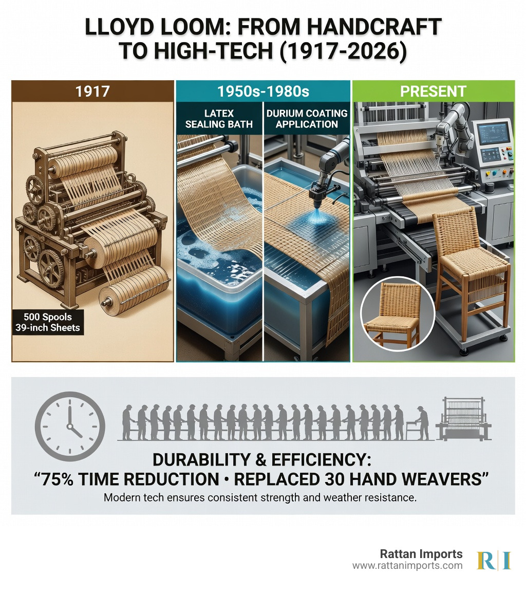 infographic showing the lloyd loom manufacturing evolution from 1917 to present, including the original loom machine with 500 spools creating 39-inch sheets, the latex sealing bath process, the Durium coating application, and modern automated weaving technology with durability statistics showing 75 percent time reduction and replacement of 30 hand weavers - lloyd loom collection infographic 