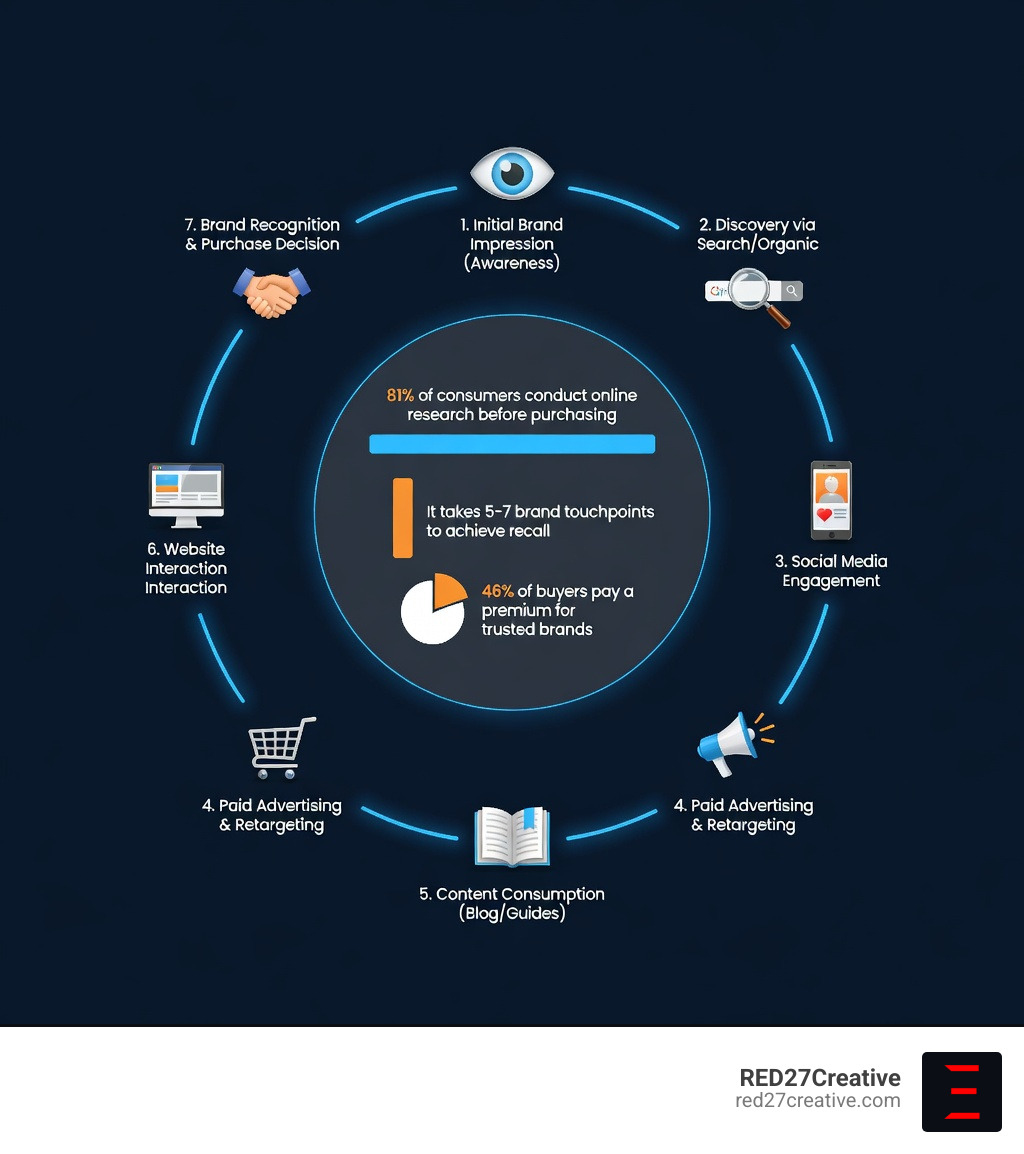 Infographic showing the customer journey from first brand impression through 5-7 touchpoints to brand recall, recognition, and purchase decision, with statistics on research behavior and trust - enhance brand visibility infographic Infographic showing the customer journey from first brand impression through 5-7 touchpoints to brand recall, recognition, and purchase decision, with statistics on research behavior and trust - enhance brand visibility infographic