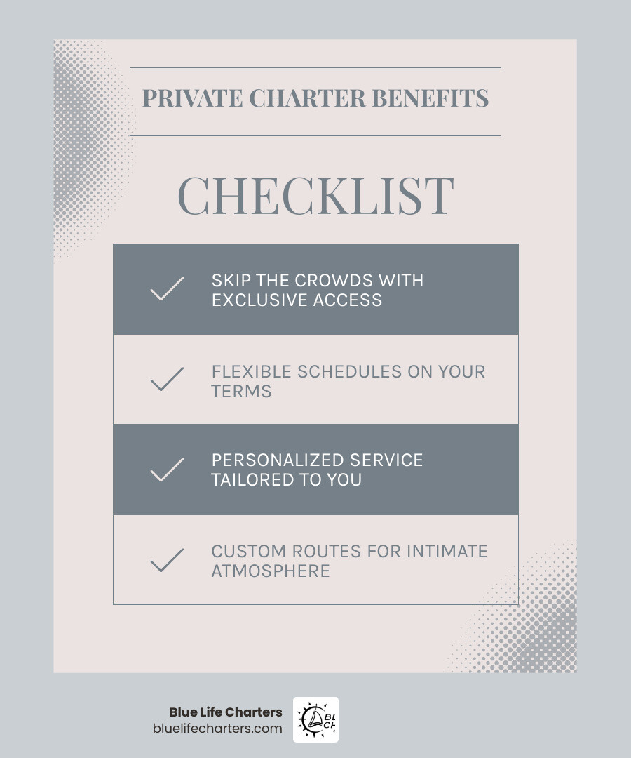 infographic comparing private vs public charter boat cruises showing benefits like exclusive access, flexible schedules, personalized service, custom routes, intimate atmosphere, no crowds, and tailored amenities versus fixed schedules, shared spaces, and standard itineraries - charter boat cruises infographic checklist-light-blue-grey