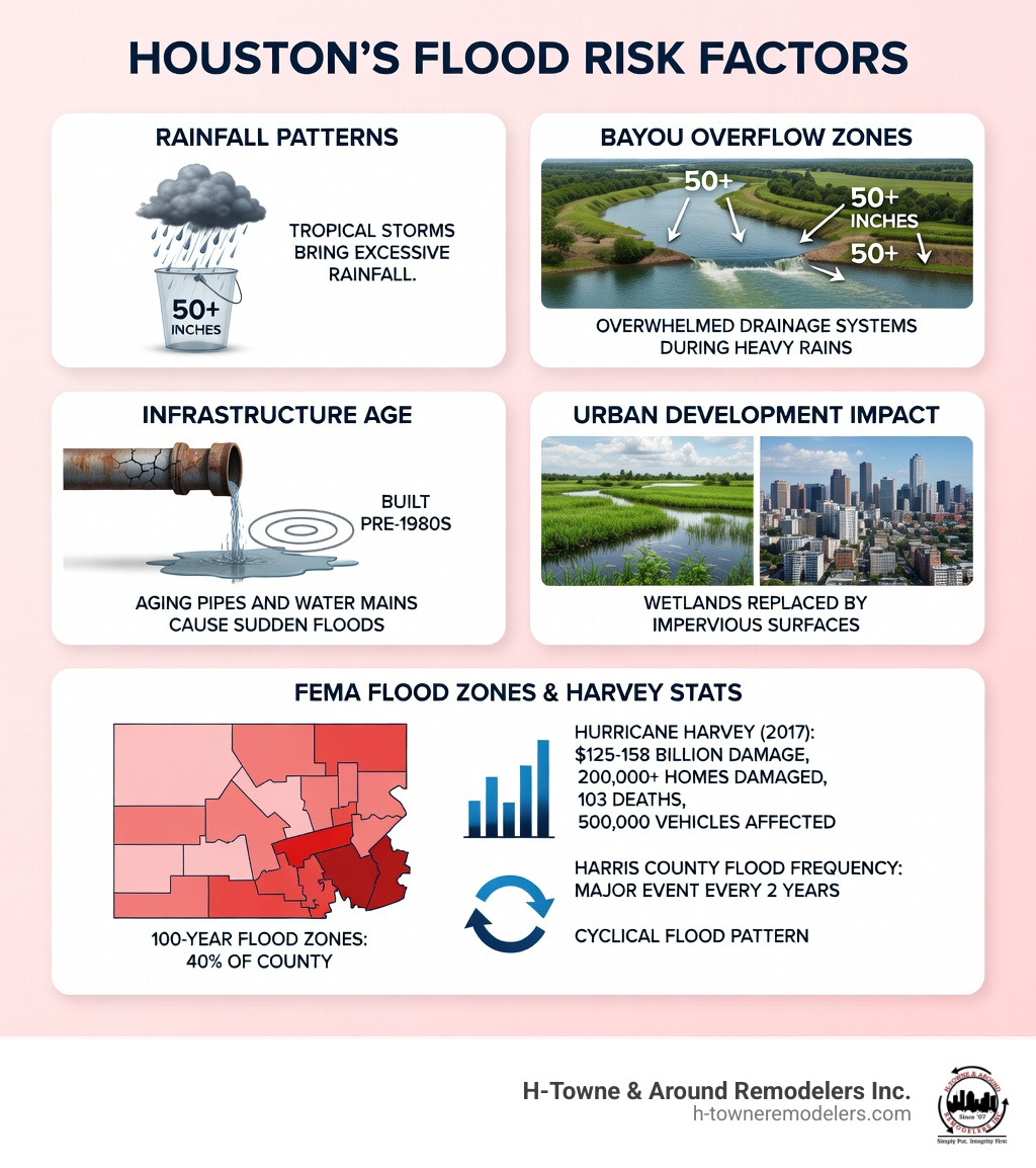 infographic showing Houston's flood risk factors including rainfall patterns, bayou overflow zones, infrastructure age, urban development impact, and FEMA flood zones with statistics on Harvey's damage and Harris County's flooding frequency - flood damage Houston infographic infographic showing Houston's flood risk factors including rainfall patterns, bayou overflow zones, infrastructure age, urban development impact, and FEMA flood zones with statistics on Harvey's damage and Harris County's flooding frequency - flood damage Houston infographic
