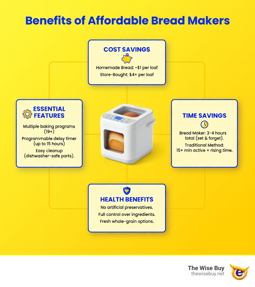 infographic showing benefits of affordable bread makers including cost savings per loaf, time savings, health benefits, and essential features to look for - affordable bread maker infographic 