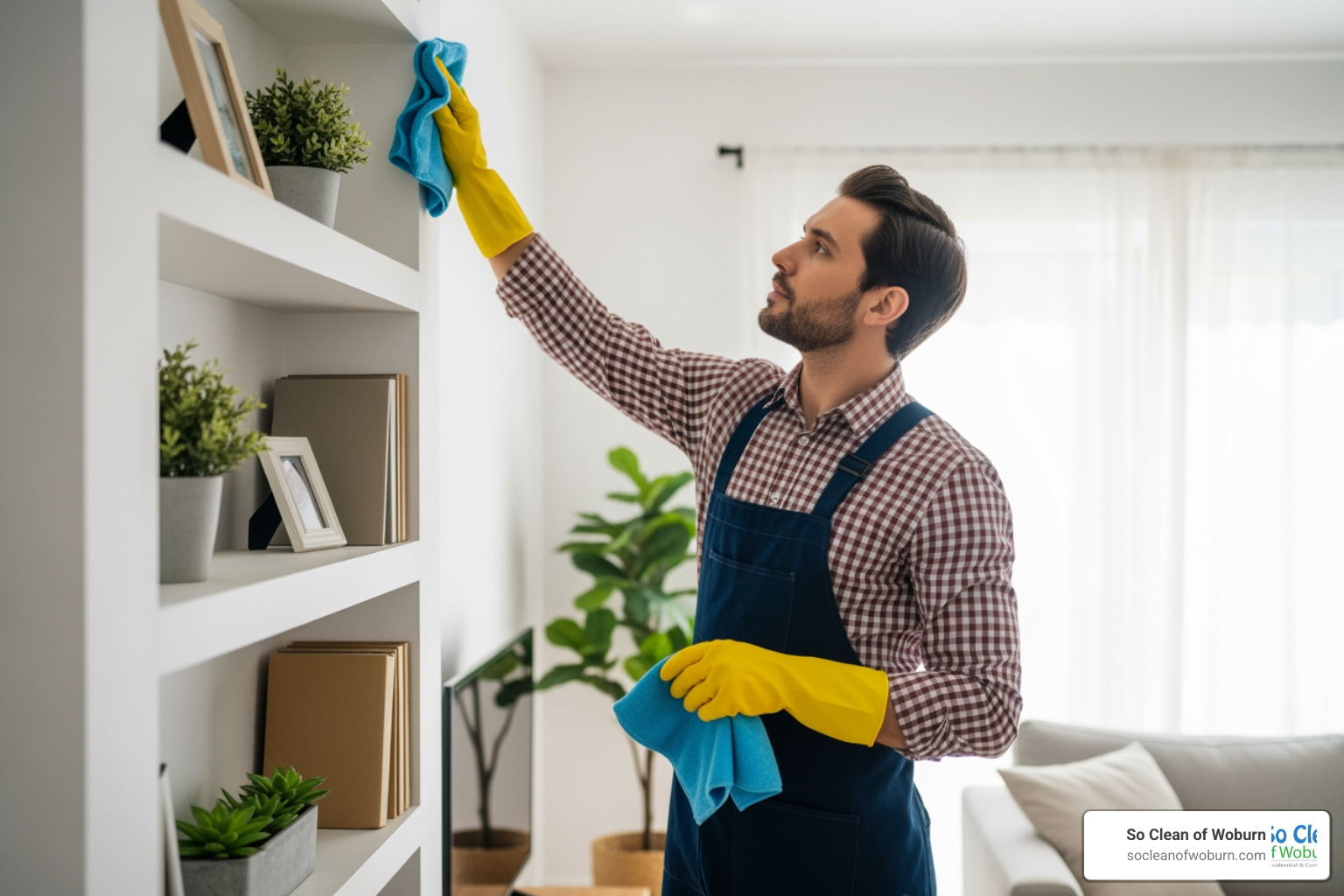 professional cleaner dusting living room shelves - House cleaning North Andover