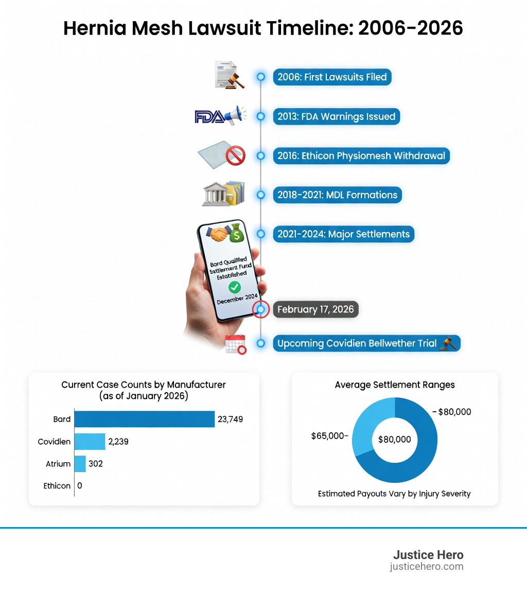 Infographic showing the hernia mesh lawsuit timeline from 2006 to 2026, including key milestones: first lawsuits filed (2006), FDA warnings issued (2013), Ethicon Physiomesh withdrawal (2016), MDL formations (2018-2021), major settlements (2021-2024), Bard Qualified Settlement Fund established (December 2024), and upcoming Covidien bellwether trial (February 2026). Shows current case counts by manufacturer and average settlement ranges of $65,000-$80,000. - what is the latest update on the hernia mesh lawsuit infographic 