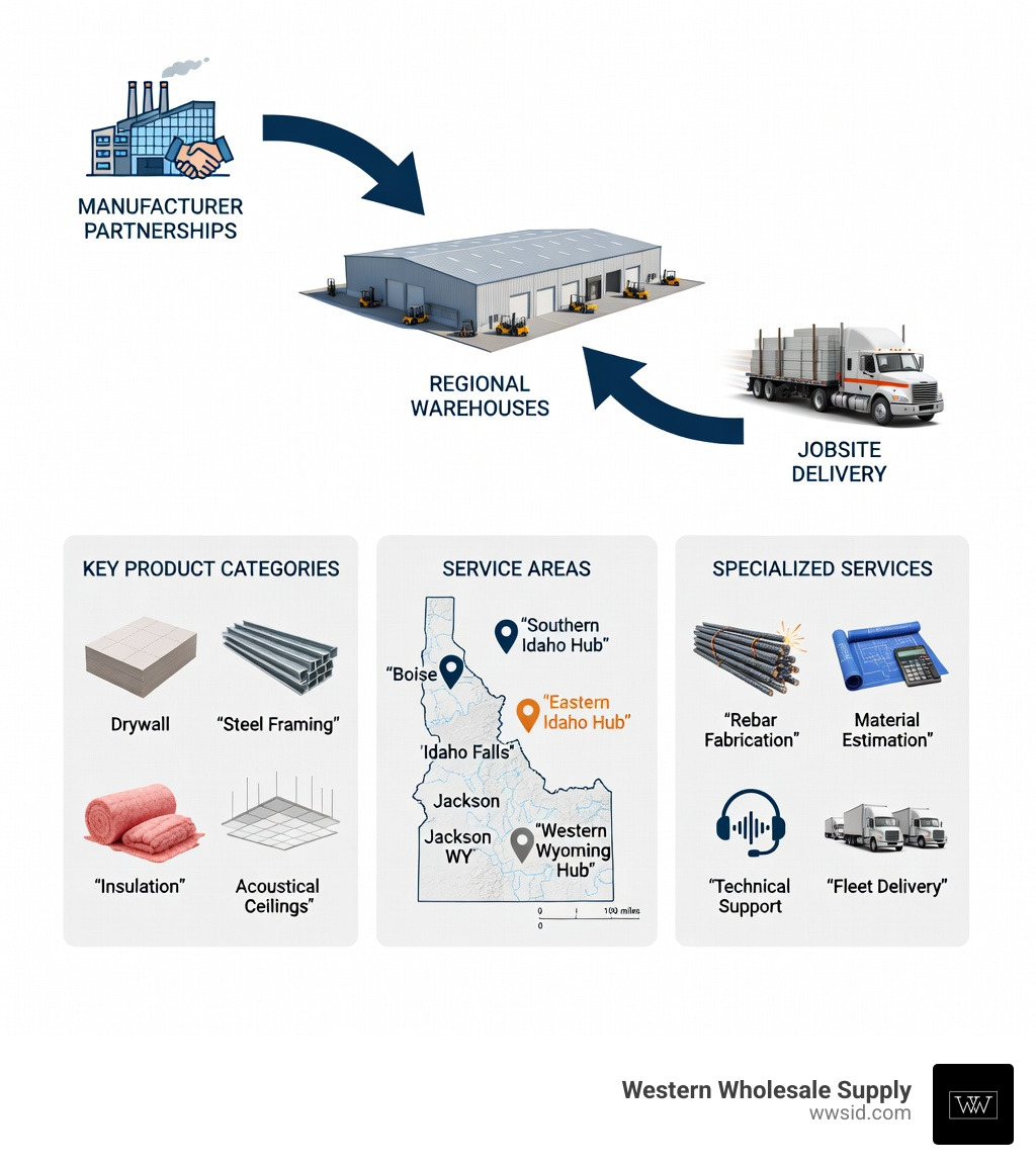 Infographic showing the Idaho construction supply chain: from manufacturer partnerships through regional warehouses to jobsite delivery, including key product categories (drywall, steel framing, insulation, acoustical ceilings), service areas (Southern Idaho, Eastern Idaho, Western Wyoming), and specialized services (rebar fabrication, material estimation, technical support, fleet delivery) - construction supply Idaho infographic Infographic showing the Idaho construction supply chain: from manufacturer partnerships through regional warehouses to jobsite delivery, including key product categories (drywall, steel framing, insulation, acoustical ceilings), service areas (Southern Idaho, Eastern Idaho, Western Wyoming), and specialized services (rebar fabrication, material estimation, technical support, fleet delivery) - construction supply Idaho infographic
