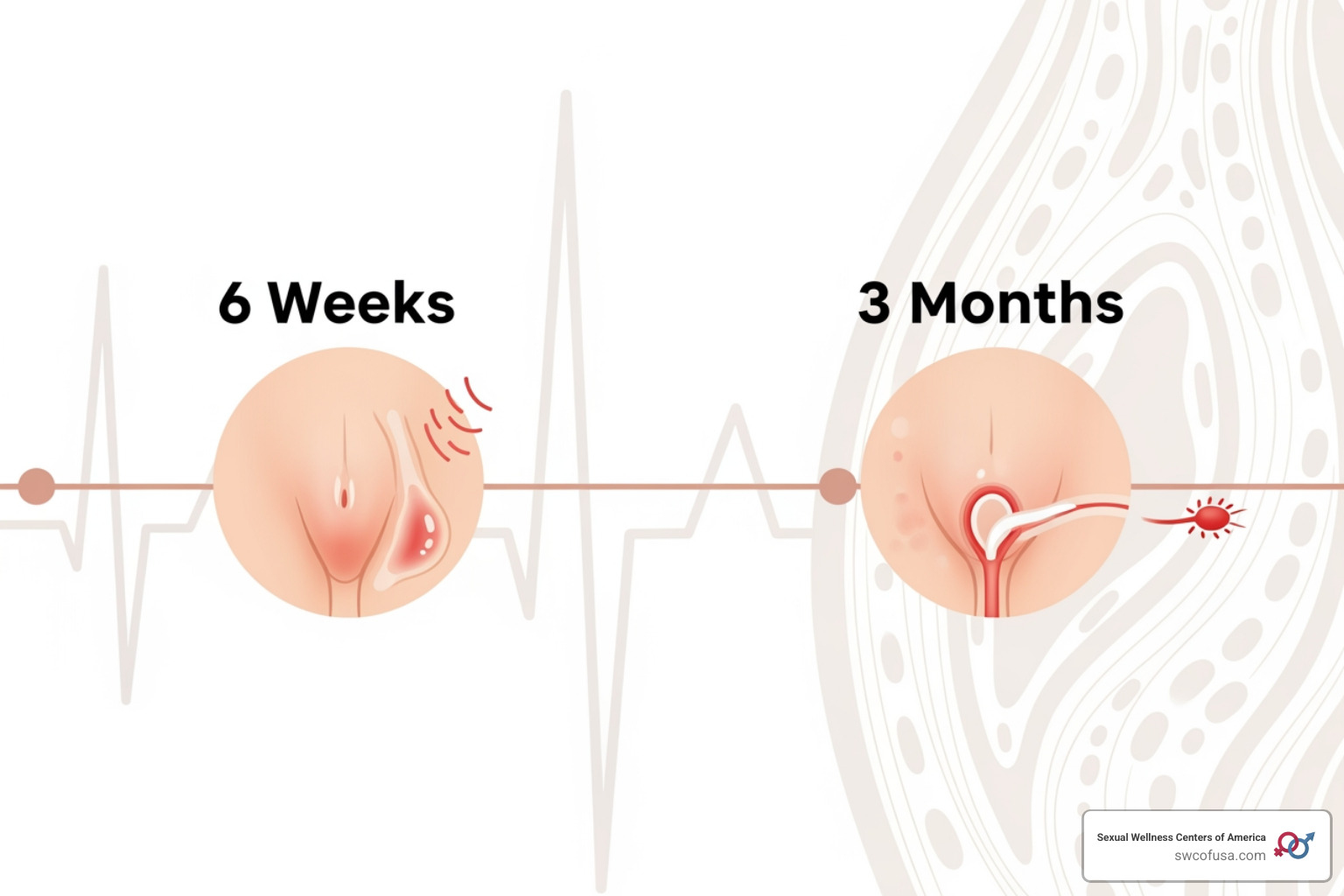 healing timeline graphic showing 6-week and 3-month milestones - vaginoplasty before and after