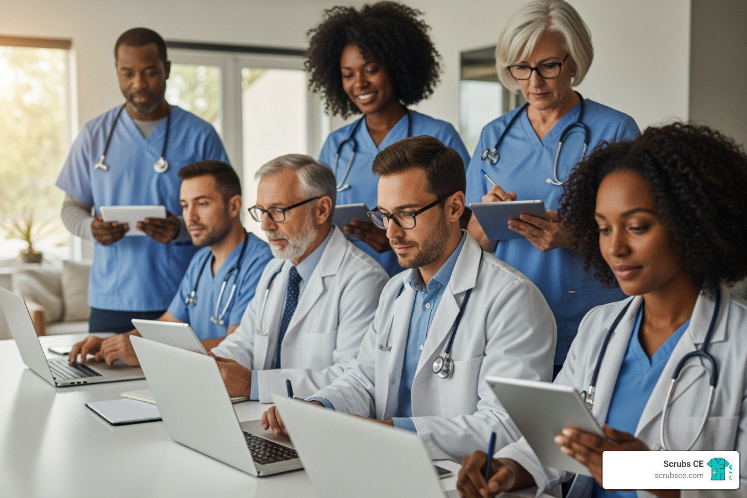 A diverse group of medical professionals learning online via laptops and tablets - online Radiology training A diverse group of medical professionals learning online via laptops and tablets - online Radiology training