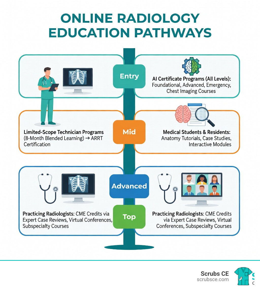 Infographic showing the pathways in online Radiology education: Entry level shows Limited-Scope Technician Programs with 8-month blended learning leading to ARRT certification; Mid-level shows Medical Students and Residents accessing anatomy tutorials, case studies, and interactive modules; Advanced level shows Practicing Radiologists earning CME credits through expert case reviews, virtual conferences, and subspecialty courses; Top level shows AI Certificate Programs for all levels including Foundational, Advanced, Emergency, and Chest imaging courses - online Radiology training infographic Infographic showing the pathways in online Radiology education: Entry level shows Limited-Scope Technician Programs with 8-month blended learning leading to ARRT certification; Mid-level shows Medical Students and Residents accessing anatomy tutorials, case studies, and interactive modules; Advanced level shows Practicing Radiologists earning CME credits through expert case reviews, virtual conferences, and subspecialty courses; Top level shows AI Certificate Programs for all levels including Foundational, Advanced, Emergency, and Chest imaging courses - online Radiology training infographic