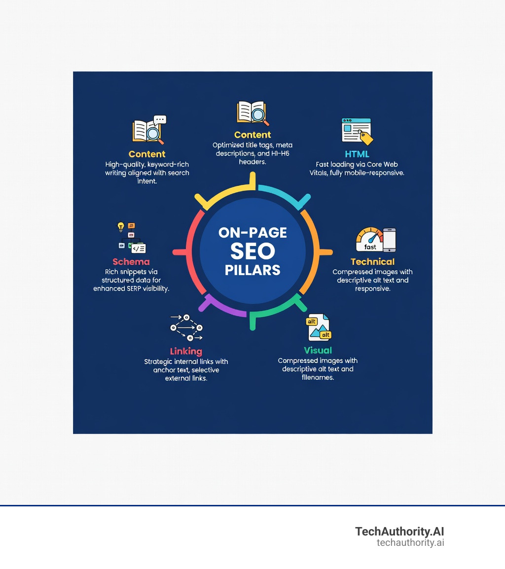 Detailed infographic showing the core pillars of on-page optimization including content quality and keyword placement, HTML metadata elements like title tags and headers, technical performance factors including Core Web Vitals and mobile responsiveness, visual optimization with compressed images and alt text, internal and external linking strategy, and schema markup for rich results - On-Page SEO infographic 
