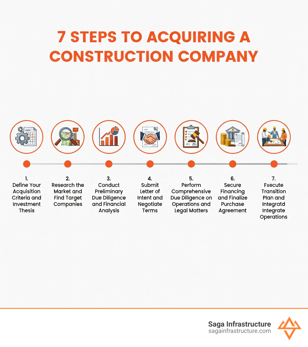 Infographic showing the 7 steps of acquiring a construction company: 1. Define your acquisition criteria and investment thesis, 2. Research the market and find target companies, 3. Conduct preliminary due diligence and financial analysis, 4. Submit letter of intent and negotiate terms, 5. Perform comprehensive due diligence on operations and legal matters, 6. Secure financing and finalize purchase agreement, 7. Execute transition plan and integrate operations - Buying a construction company infographic 
