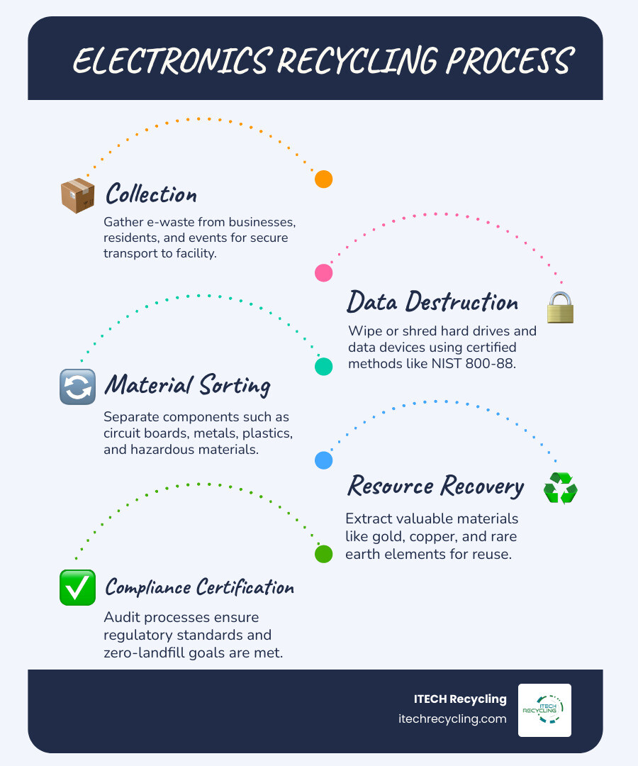 infographic showing the electronics recycling process from collection through data destruction, material sorting, resource recovery, and environmental compliance certification - computer recycling center llc infographic infographic-line-5-steps-blues-accent_colors infographic showing the electronics recycling process from collection through data destruction, material sorting, resource recovery, and environmental compliance certification - computer recycling center llc infographic infographic-line-5-steps-blues-accent_colors